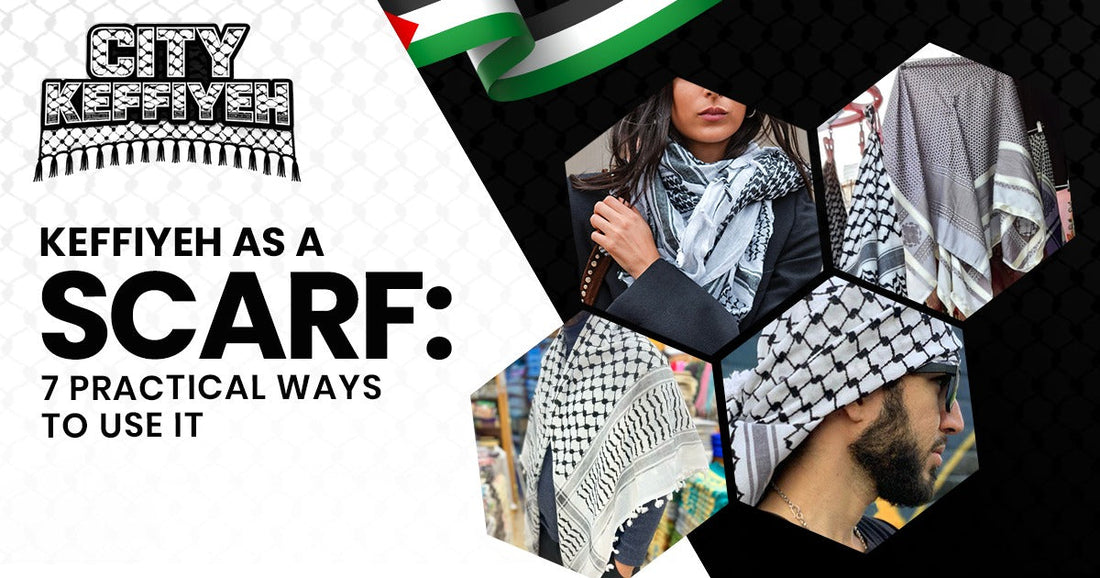 Keffiyeh worn as a scarf in a practical traditional style