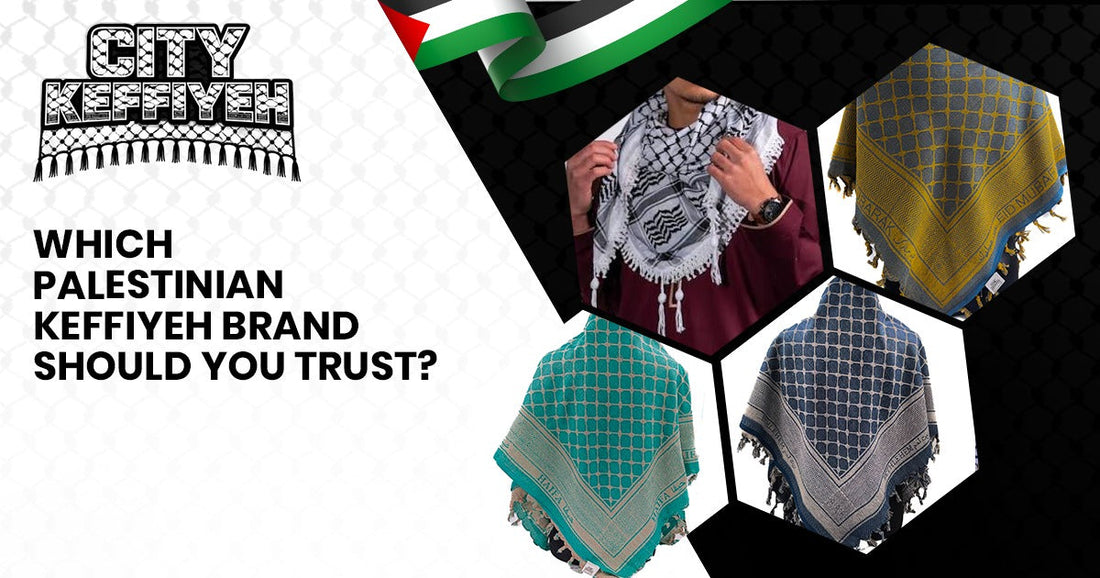 Trusted Palestinian keffiyeh brand comparison showing authentic cotton scarf with traditional woven pattern and hand-knotted tassels