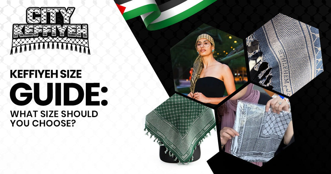 Keffiyeh size guide showing different keffiyeh sizes and ways to wear them