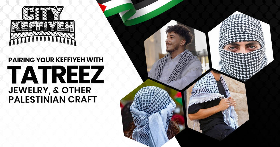 Palestinian keffiyeh paired with tatreez embroidery and traditional Palestinian jewelry