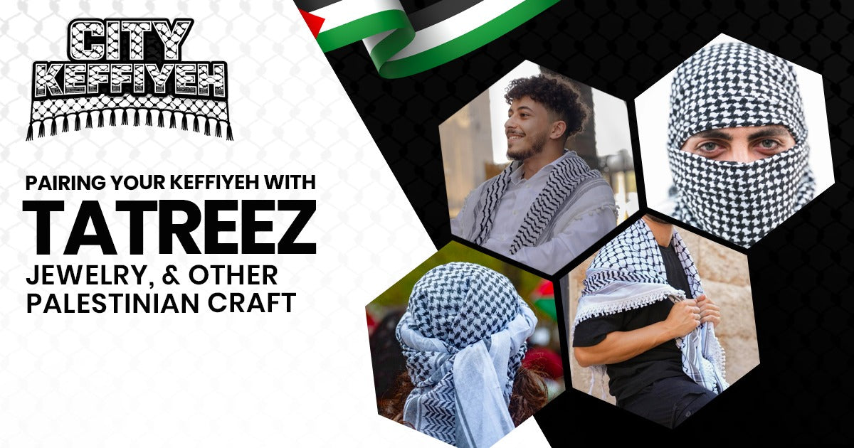 Palestinian keffiyeh paired with tatreez embroidery and traditional Palestinian jewelry