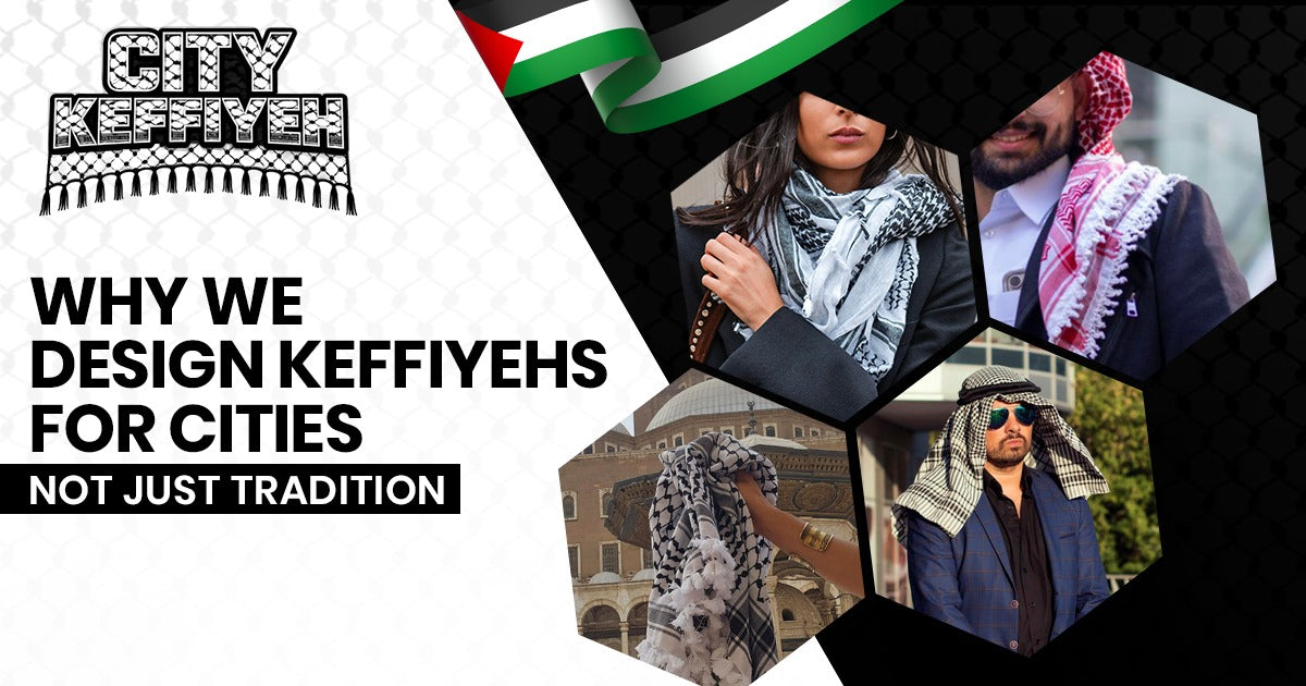 Traditional keffiyeh scarf reimagined with city-inspired design patterns honoring Palestinian heritage