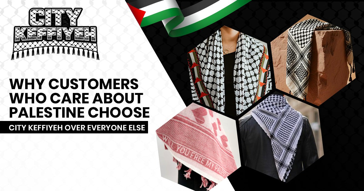 Palestinian keffiyeh scarf with city-inspired heritage pattern for Palestine supporters