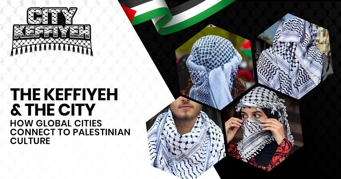 Black and white Palestinian keffiyeh draped over a city street railing