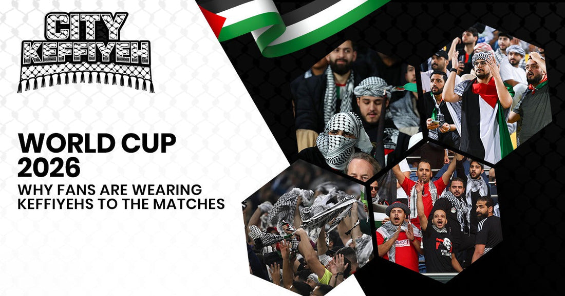 fan wearing black and white keffiyeh at World Cup 2026 stadium
