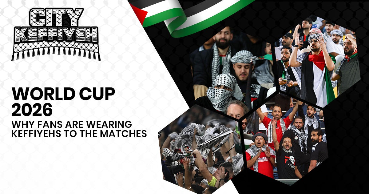 fan wearing black and white keffiyeh at World Cup 2026 stadium