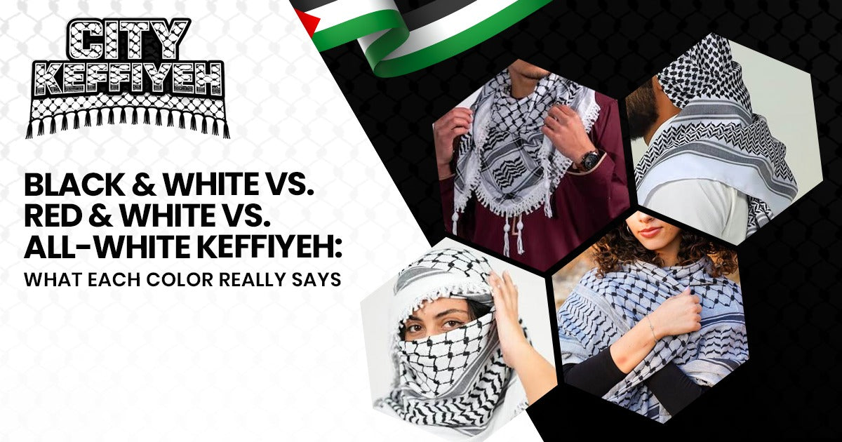 Black and white, red and white, and all-white keffiyeh color comparison