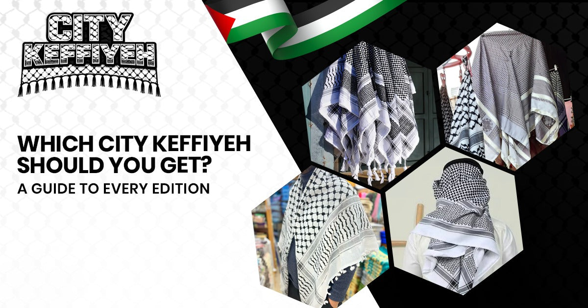 Person comparing different City Keffiyeh editions and color patterns